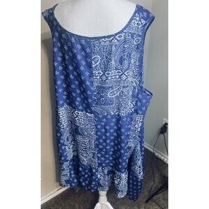 Tank Tunic Top Blue Paisley Bandana Print Sleeveless Blouse Asymmetric Sz 2X